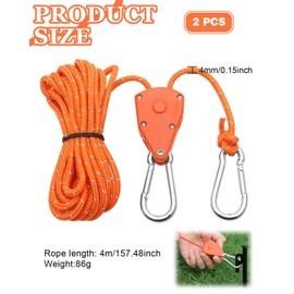 FUGLUS Pack of 2 Pulley with Rope Tensioner Guy Rope, Rope Ratchet with 4 m Rope, Pulley with Tent Tensioner, Guy Ropes with Rope Brake, Applies to Camping, Sun Sail, Tent