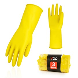 Vgo... 3Pairs Reusable Household Gloves,Rubber Dishwashing Gloves,Extra Thickness,Long Sleeves,Kitchen Cleaning/Working/Gardening(Size M,Yellow,HH4601,3Pairs)
