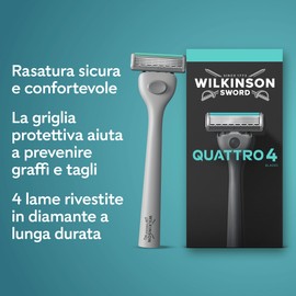 Wilkinson Sword Quattro, rasoio da uomo, formato convenienza, 4 lame rivestite in diamante, manico + 5 ricariche