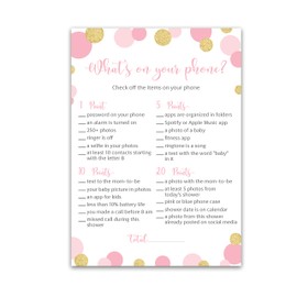 Inscape Creations Pink and Gold Polka Dot GIRL Baby Shower Games — WHAT'S ON YOUR PHONE Game — Pack of 25 — Gender Reveal Baby Shower Activity, Confetti Coed Co-ed Couples Shower G810-PHN