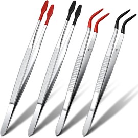 4-Piece Rubber Tipped Tweezers Set - Multi-purpose Tweezers - Classic & Modern Style - Flat & Bent Tips - Non-slip Handles (Black & Red, One size)