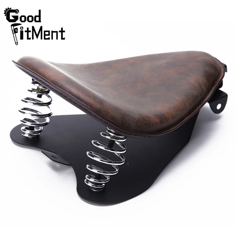 GOODFITMENT Retro Brown Leather Motorcycle Spring Solo Seat w Base