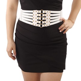Jumwrit Pu Leather Wide Waist Belt Layered Hollow Out Rivets Cinch Belt Fashion Dress Tied Corset Elastic Stretch Wrap Around Waistband for Women(White), White, Free Size