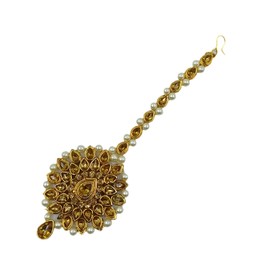 Women's Gold Tone Cz Pearl Bridal Head Maang Tikka Ethnic Woman Party Jewelry Golden