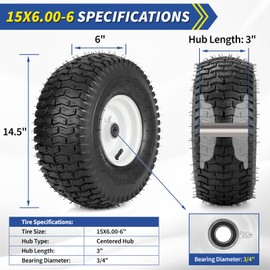 GICOOL 15x6.00-6 Rubber Lawn Mower Tire and Wheel, 2 Pcs Replacement 15x6-6nhs Riding Mowers Lawn Tire and Wheel with Bearing Bore 3/4", 3" Centered Hub