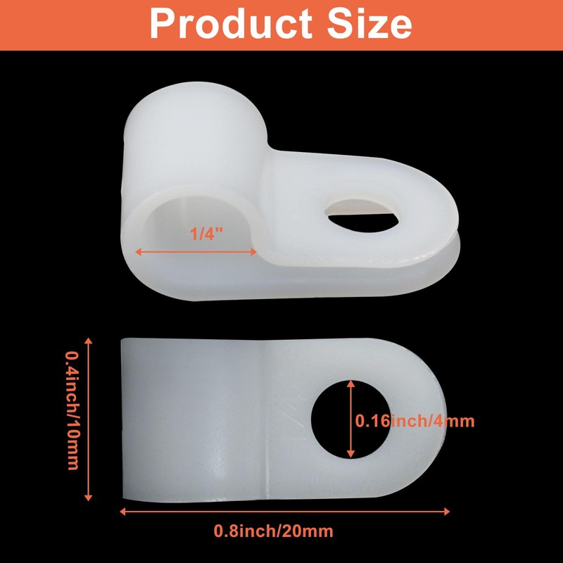 Seimneire R-Type Cable Clamp, 1/4 Inch P-Style White Nylon Wire