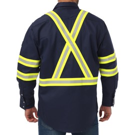 JKSafety 7.5oz FR Shirts for Men Women NFPA 70E 2112 ARC 2 Flame Resistant Welding Shirt Fire Retardant Shirts FR Clothing Hi Vis Reflective High Visibility western welder shirt (100R2-Navy 3XL)