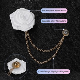 M METERXITY Rose Flower Brooch Pin for Men Suit, Cloth Handmade Flower Lapel Pin with Gold Badge Tassel Chain Brooches for Men Wedding Accessories/Prom/Party [White]