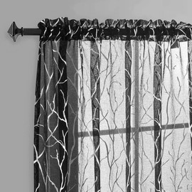 FINECITY Curtains, 2 Pair Black Silver Sheer, 52 x 84 Inch, Rod Pocket, Living Room, Tree Branch Pattern