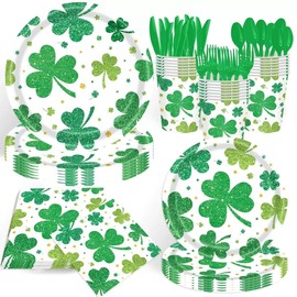 140Pcs St. Patrick's Day Party Decorations Green Shamrock Paper Plates and Napkins Irish Festival Party Supplies Tableware Set for Holiday Party Favor, Serve for 20 Guest