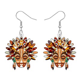 DOWAY Acrylic Tribal Chieftain Tiki Mask Earrings Dangle Retro Polynesian Ethnic Pattern Themed Jewelry Weird Tiki Gifts for Women Party Decor (Coffee)