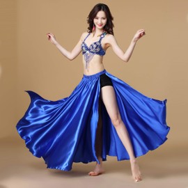 MUNAFIE Belly Dance Skirt Two Side Slit Satin Skirt Dark Blue