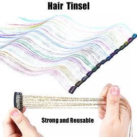12pcs Hair Tinsel Clip in Rainbow Fairy Hair Tinsel Kit 20Inch Glitter tinsel Hair Extensions Clip in Hair Tinsel for Christmas New Year Party Sparkly Hair Accessories for Women Girls (Black)