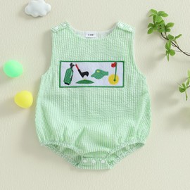 BeQeuewll Summer Baby Clothes Newborn Boy Girl Smocked Bubble Romper Golf Plaid Overall Infant Jumpsuit One Piece Outfit (Golf Green, 3-6 Months)