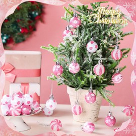 Lenwen 54 Pcs Christmas Balls Ornaments Mini Pink and White Christmas Tree Ornaments Xmas Striped Dots Shatterproof Plastic Hanging Ornaments for Tree Holiday Party Christmas Decorations, 1.18inch
