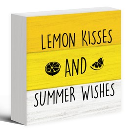 Luipk Summer Lemon Wood Box Sign Desk Decor, Summer Lemon Welcome Yellow Lemons Kisses and Summer Wishes Wooden Block Sign Decorations for Home Farmhouse Kitchen Dining Room Wall Tabletop Shelf Decor