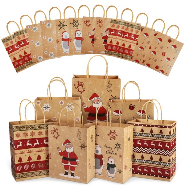 Christmas Gift Bags, 24 PCS Reusable Christmas Treat Bags, Paper Gift Bags with Handles & Christmas Prints, Christmas Bags for Gifts Holiday Gift Bags Xmas Gift Bags Party Favors,7.08x3.54x8.86 Inch