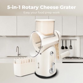 ZHANG XIAO QUAN SINCE 1628 Rotary Cheese Grater, Cheese Shredder with Stable Suction Base, Labor-Saving Vegetable Slicer for Kitchen, Mandoline Slicer & Food Chopper & Kitchen Prep Tool, 5-in-1, Beige
