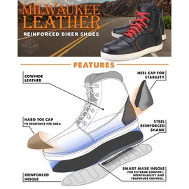 Milwaukee Leather MBM9102 Men's Black Leather with Red Shoe Lace Reinforced Street Riding Shoes w/Ankle Support - 9