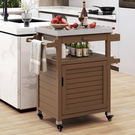 YITAHOME Solid Wood Kitchen Island Cart on Lockable Wheels with Stainless Tabletop, Rolling Portable Kitchen Serving Utility Carts Movable with Storage Cabinet and Drawer for Dining Room, Brown