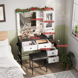 YIKEHOME Makeup Vanity Desk with Mirror and 10 Lights, 3-Colour Hollywood Brighter Bulbs, Vanity Table Set with Large Drawers and and Charging Station for Bedroom Dressing Room White