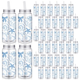 Meanplan 36 Pack Ocean Coastal Plastic Cups with Lids and Straws Bulk 14 oz Bow Seashell Beach Party Cups Reusable Summer Tumbler Gift for Last Toast on The Coast Bridal Bachelorette Party Favors