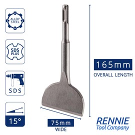 Rennie Tools SDS Plus Chisel 165mm x 75mm Wide Angled Bent Tile Chisel SDS Bit, 75mm Wide SDS Chisel Bit For Ceramics, Floor Tiles, Masonry & Concrete. For SDS & SDS Plus Drills