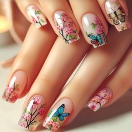 Coffin Press on Nails Medium Spring Fake Nails with Flower Butterfly Designs Medium Flower False Nails Coffin Glue on Nails Acrylic Artificial Nail Tips Glue on Nails Stick for Women Girls 24Pcs
