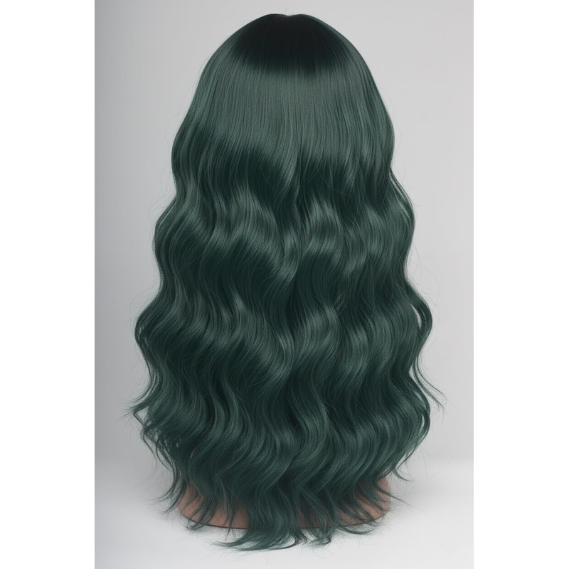 24 Inch Forest Green Wavy Wig with Bangs, Heat Resistant