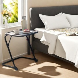 Medical Adjustable Overbed Bedside Table with Cup Holder, Small Sofa Side Table with Foldable Metal Frame with PP Top, Slide Under Couch Tray Desk, Space Saving,Hospital and Home Use, Black (Set of 2)