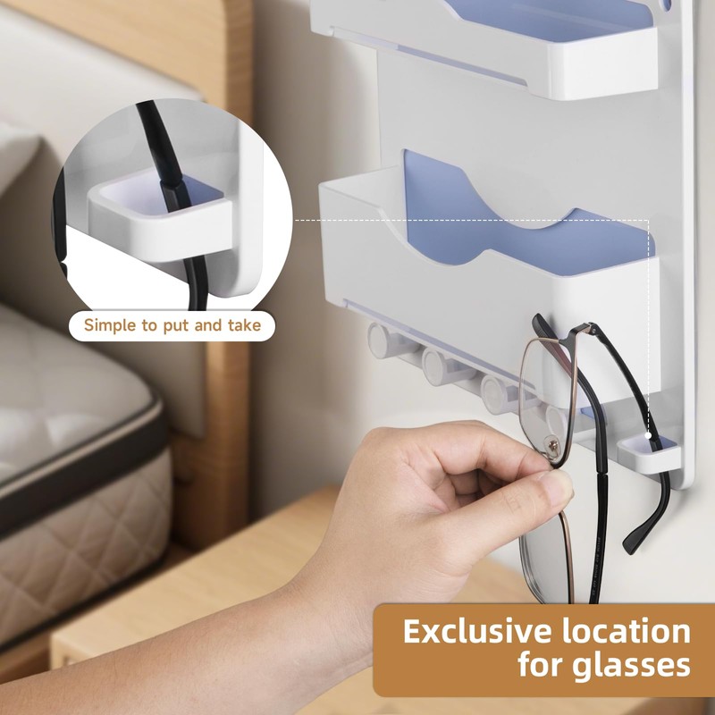 JUMEIHUI Bedside Wall Organizer with 4 Hooks,Adhesive Bedside Shelf Wall