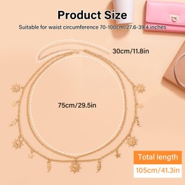 Onperpoe Gold Chain Belt for Women Girls Double Layer Waist Chain Gold Stylish Retro Sun Moon Star Adjustable Metal Belt Skinny Waistband Chain Body Link Decorated for Dresses, Skirts, Jeans,