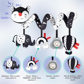 XIXILAND Musical Car Seat Toys Black and White Baby Toys 0-3 Months, Infant Toys Spiral Stroller Toys Newborn Toys, High Contrast Baby Toys for Newborn, Gift for 0 3 6 9 12 Months Girls Boys Babies