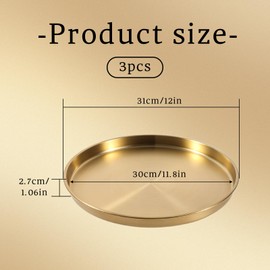 12“ Gold Serving Tray Round Tray Stainless Steel Coffee Table Tray Metal Decorative Vanity Tray Circle Candle Tray, Round Gold Tray for Coffee Table Bar Vanity Bathroom Candle Display(3 Packs)