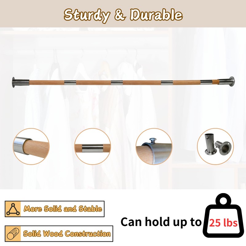 Beyeutao Wooden Closet Rod Adjustable 48-60 inches Closet Rod for