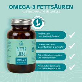 BitterLiebe - Omega 3 vegan Kapseln hochdosiert aus pflanzlichem Algenöl - hochwertigem EPA und DHA - Premium Omega-3-Fettsäuren für Veganer - leicht schluckbar