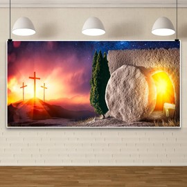 Pnylzzyxh Jesus Christ Easter Cross Backdrop Empty Tomb Resurrection Decorations Background Holy Light Church Baptism Background Christian Religious Event Lord Pray Banner Studio Props 12x10ft
