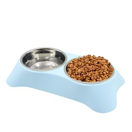 Mithui ju Double Cat Rabbit Bowl, Non Slip Stainless Steel Double Pet Bowl with Non-spill Design for Small Pets Such as Puppies, Cats, Rabbits (Blue, Large)