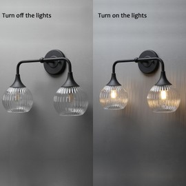 PERMO Vintage Vanity Light Antique 2 Lights Sconce with Clear Ribbed Globe Glass Shade Double Sconces for Bathroom Mirror Makeup Desk (Black)