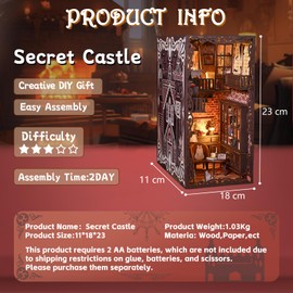 ALITAAU Book Nook Kit, DIY Miniature Dollhouse Booknook Kit, 3D Wooden Puzzle Bookend Bookshelf Insert Decor with LED Light for Adults (Secret Castle)