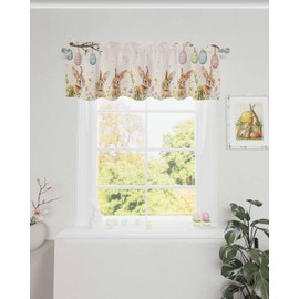 JasmineM Easter Egg Rabbits Valances Curtains for Windows, Easter Decorations Rod Pocket Kitchen Valance Scarf for Living Room/Bedroom/Bathroom, 54x18in, Spring Flowers Bunnys