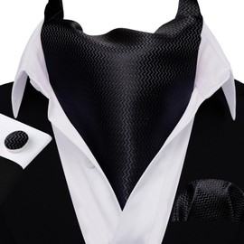 Barry.Wang Men Black Ascot Tie Set Cravat Stripe Silk Scarf Self Necktie Handkerchief Cufflinks Formal Wedding Party Banquet