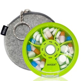 Pastillero de viaje para pastilleros, semanal, bonito, redondo, pastillero, pastillero, portátil, pequeño organizador de medicamentos (verde + bolsa)