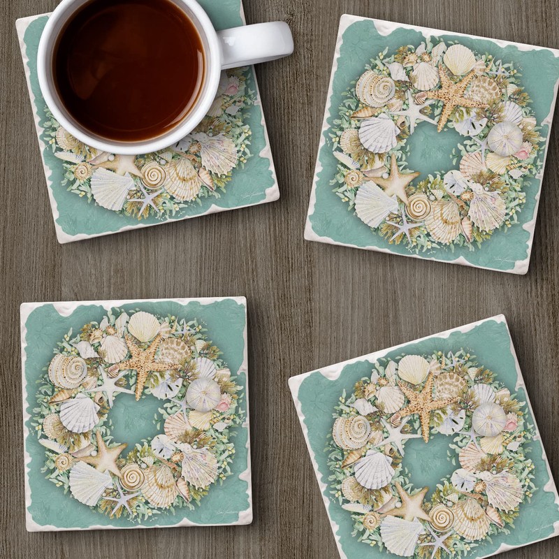Thirstystone Coastal Sea Shell Wreath 4 Pack Absorbent Stone Tumbled