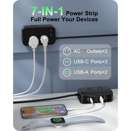 KWRNVO 7-in-1 Power Strip, PD GaN 65W USB C Power Strip with 3 USB-C, 2 USB-A Ports and 2500W AC Outlet, Flat Plug Sleek Socket Essentials for Home/Office/College/Travel (Pearl Black, 65W)