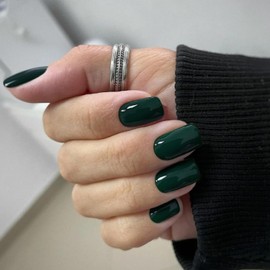 Dark Green Nails Pres ons, Press on Nails Medium Square Glue on Nails Medium Length, Short Acrylic Nails Glue on Medium Coffin Nails Fake Nails False Nails for Women, Thick Solid Color Gel Nails 24Pcs