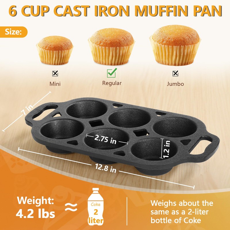 COSORM 6 Cup Cast Iron Muffin Pan - Pre-Seasoned Nonstick