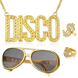 Goldene Dollar Kette & Ring Brille,Gangster Ring,Zuhälter Kostüm Set,Gangster Kostüm mit Dollar Halskette,Dollar Ring Goldkette Armband,Hip Hop Kostüm Kit Herren,Rapper Zubehör,80er 90er Mottoparty