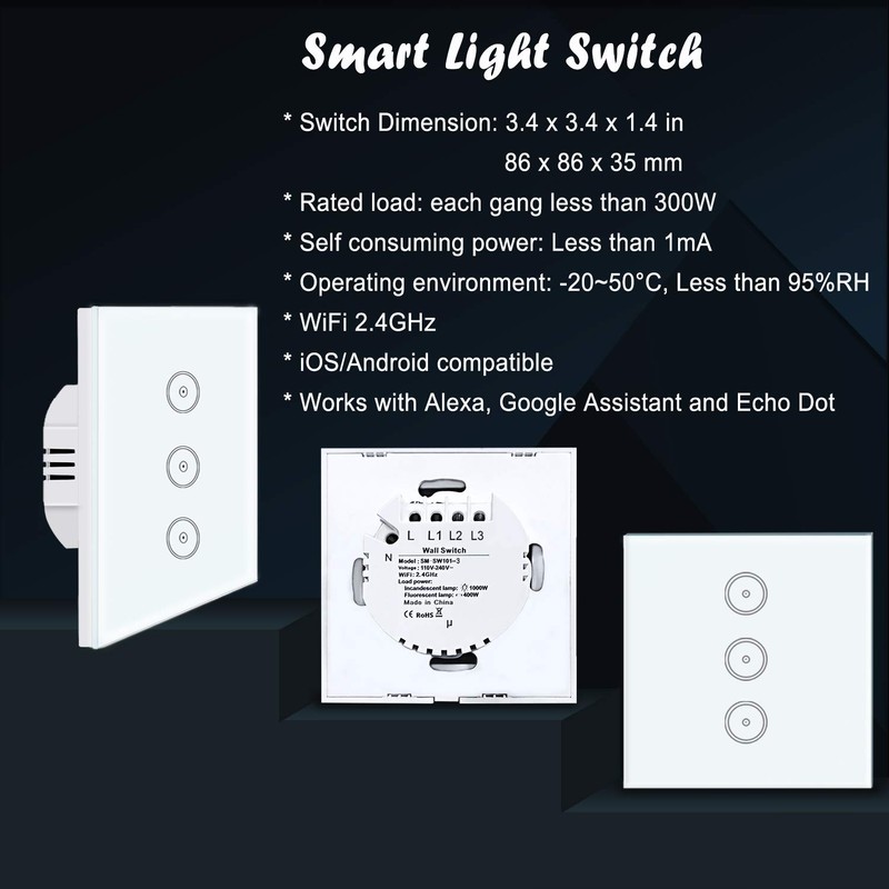 Useelink Smart Home Switch with Touch Screen, Smart Dimming LED