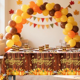 AIBIIN Happy Thanksgiving Fall Party Supplies, Thanks Giving Dinnerware Set with Autumn Maple Leaves Wooden Paper Plates Napkins Cups Gold Forks Knives Spoon tablecloth for Party Decorations
